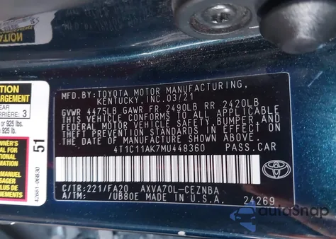 2021 Toyota Camry Le from USA, damaged, VIN 4T1C11AK7MU448360